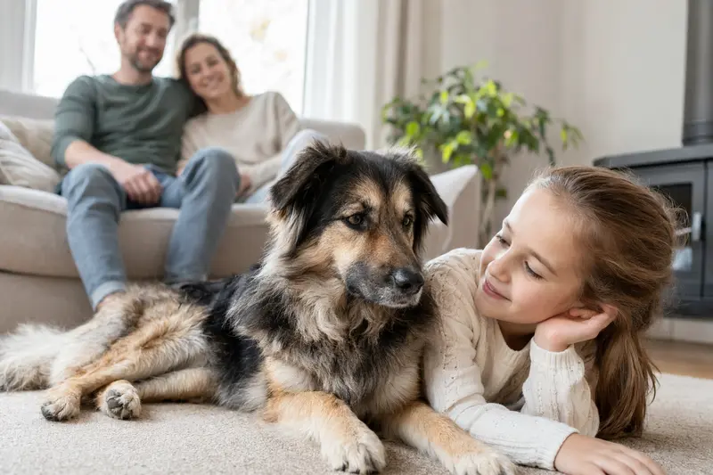 Ein freundlicher Carpatin Hund liegt entspannt neben einem Kind im Wohnzimmer und schafft eine vertrauensvolle Familienatmosphäre.