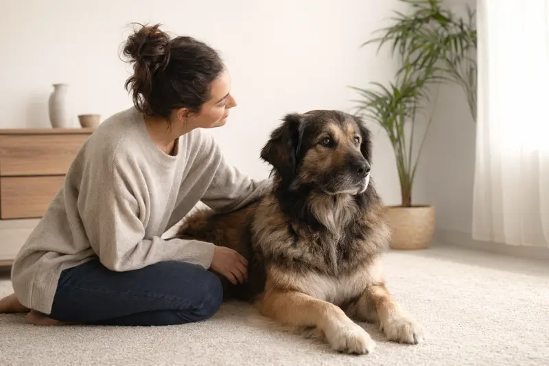 Ein Carpatin Hund steht aufmerksam vor hellem neutralem Hintergrund und zeigt die typische Körperform und Fellstruktur der Rasse.