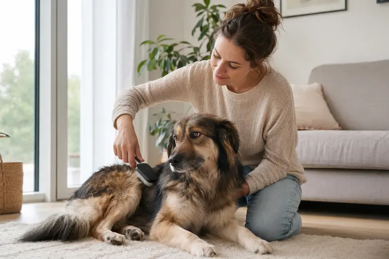 Ein Carpatin Hund wird in einer hellen Wohnung sanft gebürstet, während sein Besitzer liebevoll die Fellpflege übernimmt.