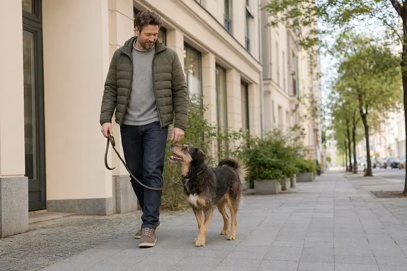 Ein Carpatin Hund läuft an der Leine mit seinem Besitzer durch eine moderne Stadtstraße.
