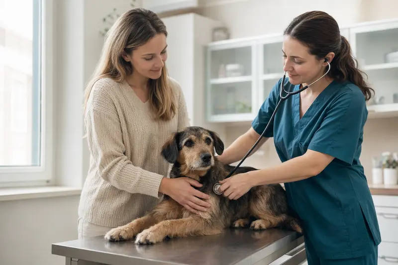 Ein ruhiger Carpatin Hund wird von einer freundlichen Tierärztin mit einem Stethoskop in einer modernen Tierarztpraxis untersucht.