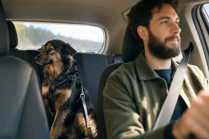 Ein Carpatin Hund sitzt sicher angeschnallt auf der Rückbank eines Autos und genießt die Fahrt.