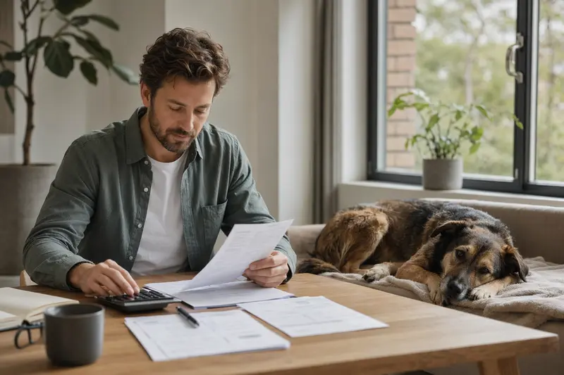Ein Hundebesitzer sitzt mit einer Tierarztrechnung am Tisch, während ein entspannter Carpatin-Hund auf einer Decke liegt, als ruhige Szene rund um Tierarztkosten und Hundversicherung.