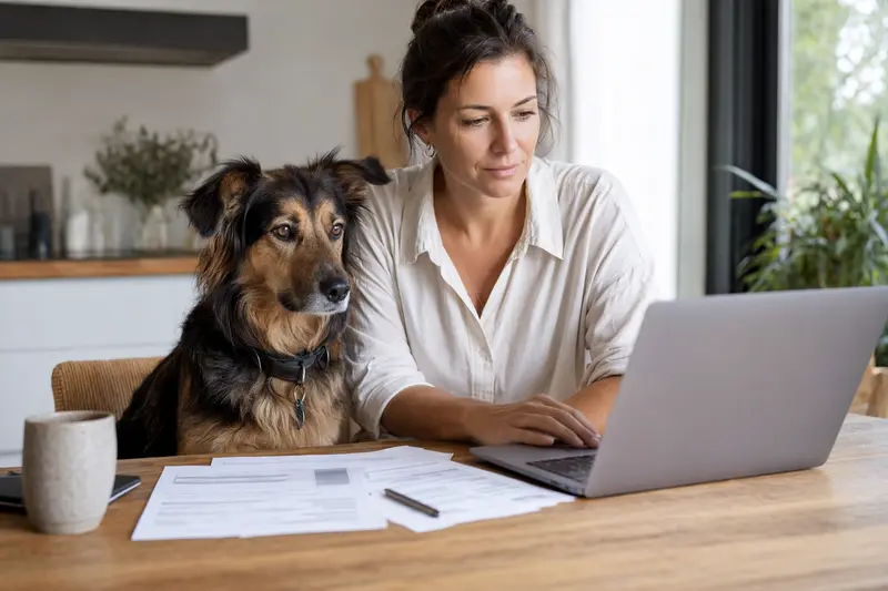 Ein Carpatin Hund sitzt ruhig neben seinem Besitzer am Küchentisch, auf dem Versicherungsunterlagen und ein Laptop liegen.