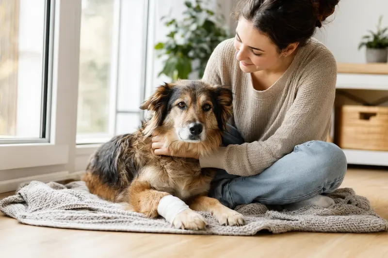 Ein Carpatin Hund mit Verband an der Pfote liegt entspannt auf einer Decke neben seinem erleichterten Besitzer in einer hellen Wohnung.