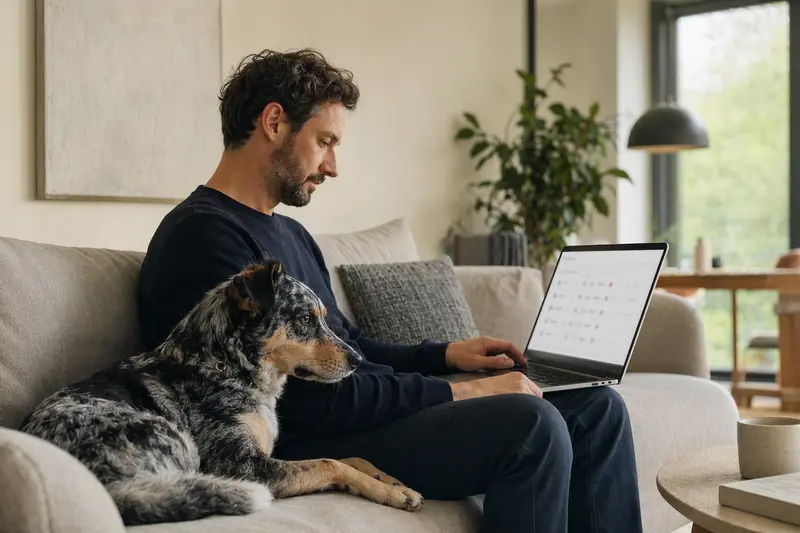 Ein Hundebesitzer arbeitet am Laptop auf dem Sofa, während ein Carpatin Hund neben ihm sitzt.