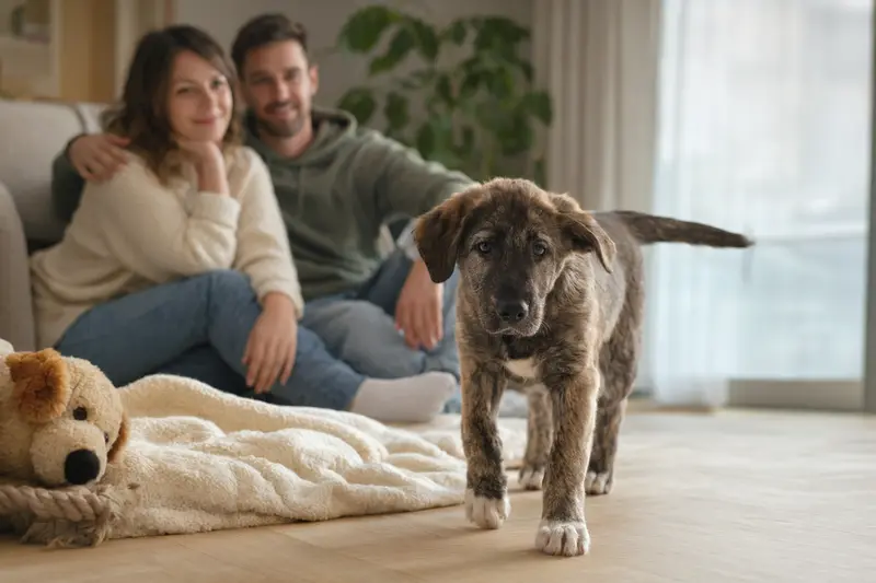 Ein neugieriger Carpatin Welpe entdeckt sein neues Zuhause mit einer sanften Decke und Spielzeug im Vordergrund.