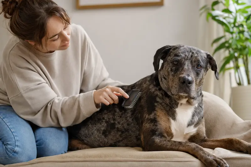 Ein Catahoula Bulldogge wird in einer hellen Wohnung sanft gebürstet, während sich der Besitzer liebevoll um die Fellpflege kümmert.