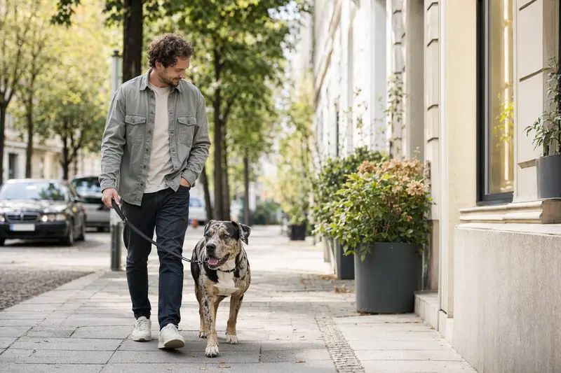 Ein Catahoula Bulldogge Hund läuft an der Leine mit seinem Besitzer durch eine moderne Stadtstraße.