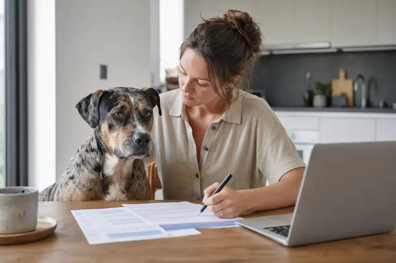 Catahoula Bulldogge sitzt ruhig neben ihrem Besitzer am Küchentisch mit Versicherungsunterlagen und Laptop zur Hundekrankenversicherung.