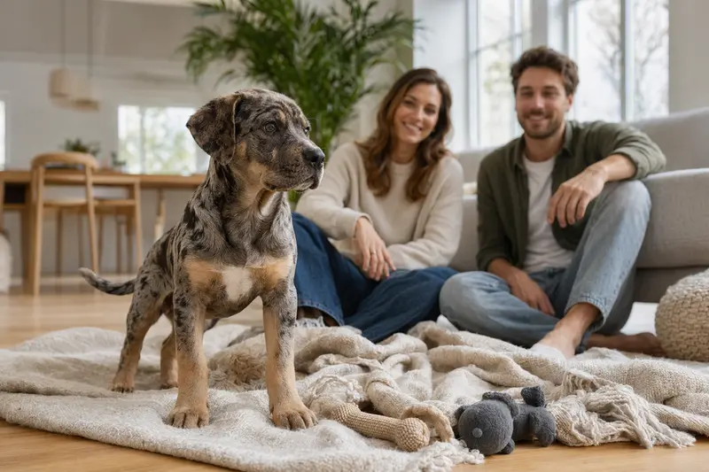 Junger Catahoula Bulldogge Welpe entdeckt neugierig sein neues Zuhause mit weicher Decke und Spielzeug in einer hellen Wohnung.