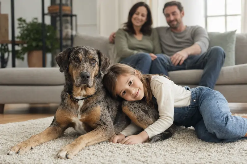 Ein entspannter Catahoula Cur Hund liegt neben einem Kind im Wohnzimmer und sorgt für eine vertrauensvolle Familienatmosphäre.