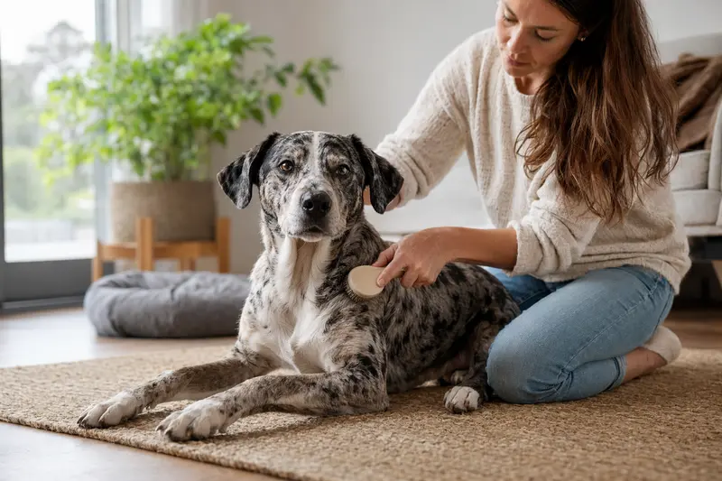 Ein Catahoula Cur Hund wird in einer hellen Wohnung sanft gebürstet, während sich sein Besitzer liebevoll um die Fellpflege kümmert.