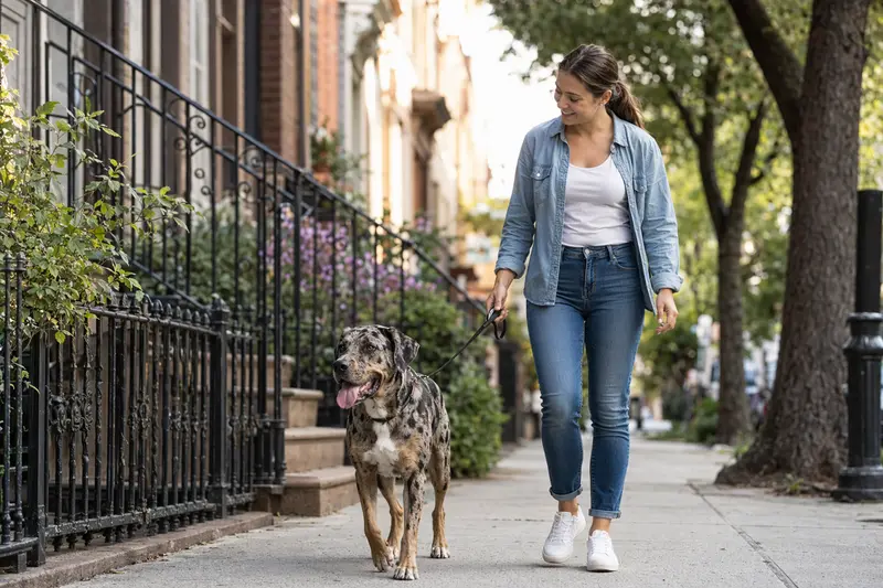 Ein Catahoula Cur läuft an der Leine mit seinem Besitzer durch eine moderne Stadtstraße.