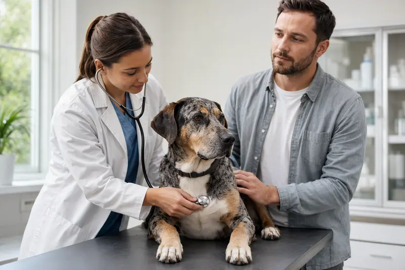 Ein Catahoula Cur Hund wird in einer modernen Tierarztpraxis von einer freundlichen Tierärztin mit einem Stethoskop untersucht, während der Besitzer beruhigend danebensteht.