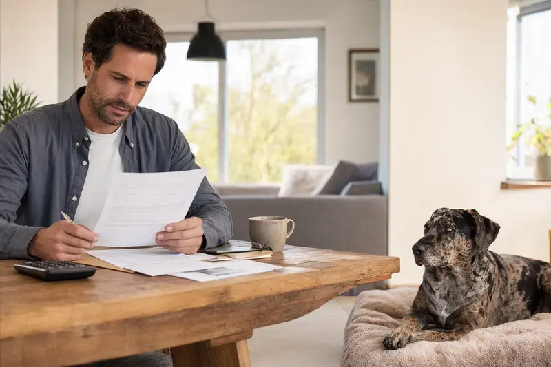 Hundebesitzer sitzt am Tisch mit einer Tierarztrechnung, während ein entspannter Catahoula Cur Hund auf einer Decke liegt – ein Bild zum Thema Tierarztkosten und Hundekrankenversicherung.