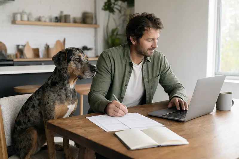 Ein Catahoula Cur Hund sitzt neben seinem Besitzer am Tisch, auf dem Versicherungsunterlagen und ein Laptop liegen.