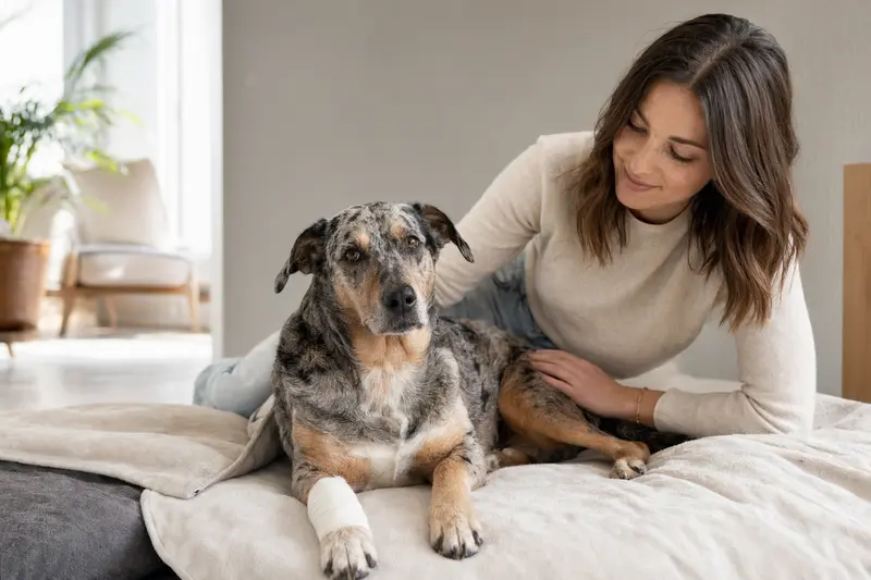 Ein Catahoula Cur Hund mit leichtem Verband liegt entspannt auf einer Decke, während sein Besitzer beruhigt daneben sitzt.