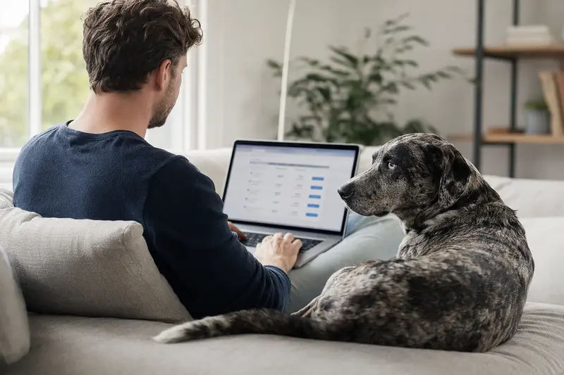 Ein Hundebesitzer sitzt mit einem Laptop auf dem Sofa und vergleicht Tierversicherungen, während sein Catahoula Cur Hund entspannt daneben liegt.