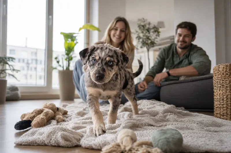 Ein neugieriger Catahoula Cur Welpe erkundet seine freundliche Wohnung mit einer weichen Decke und Spielzeug während seine Familie im Hintergrund anwesend ist.