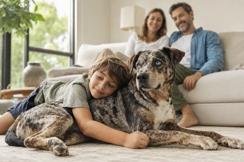 Ein Catahoula Leopard Dog entspannt neben einem Kind im Wohnzimmer und schafft eine vertrauensvolle Familienatmosphäre.