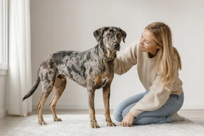 Catahoula Leopard Dog steht aufmerksam vor hellem Hintergrund in natürlicher Pose als professionelles Hundeporträt.