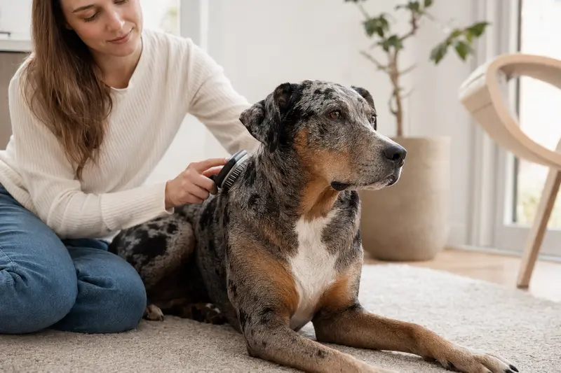 Ein Catahoula Leopard Dog wird in einer hellen Wohnung sanft gebürstet, während sein Besitzer liebevoll die Fellpflege übernimmt.