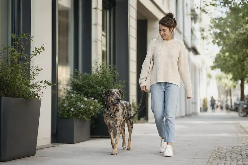 Ein Catahoula Leopard Dog läuft an der Leine mit seinem Besitzer durch eine moderne Stadtstraße.