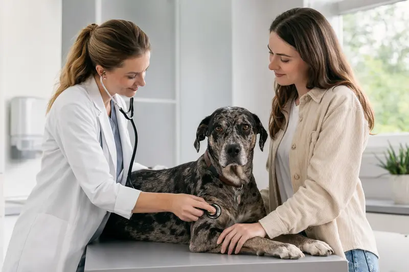 Ein Catahoula Leopard Dog wird in einer modernen Tierarztpraxis von einer freundlichen Tierärztin mit einem Stethoskop untersucht, während der Besitzer beruhigend daneben steht.