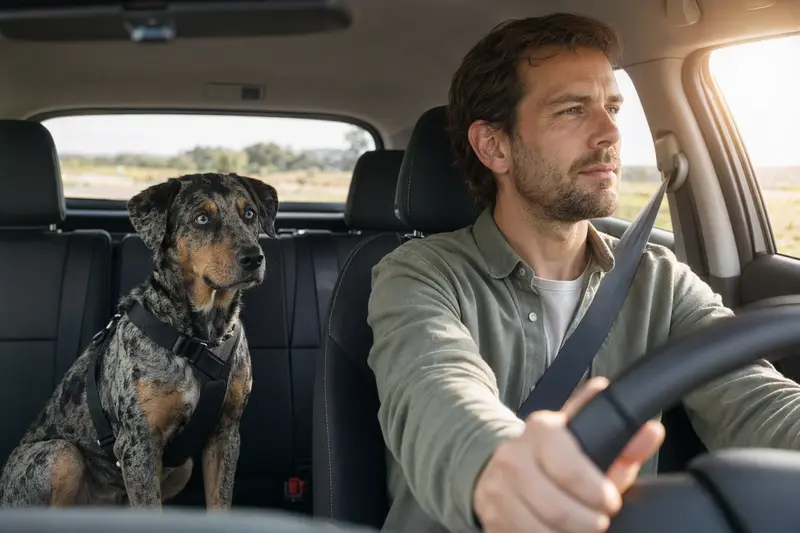 Ein Catahoula Leopard Dog sitzt sicher angeschnallt auf der Rückbank eines Autos beim Fahren im Sonnenlicht.