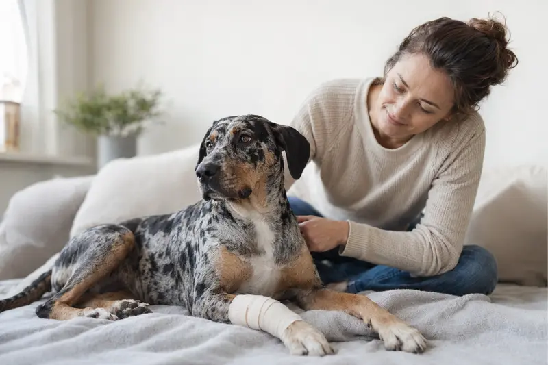 Ein Catahoula Leopard Dog mit leichtem Verband an der Pfote liegt entspannt auf einer Decke, während sein Besitzer neben ihm sitzt und erleichtert aussieht.