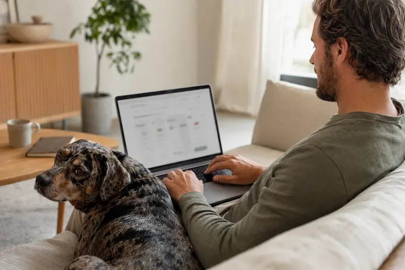 Ein Hund und sein Besitzer verbringen Zeit auf dem Sofa und vergleichen online Tierkrankenversicherungen.