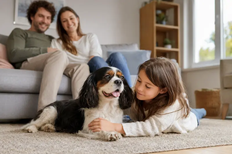 Ein Cavalier King Charles Spaniel liegt entspannt neben einem Kind und verbreitet eine vertrauensvolle Familienatmosphäre.