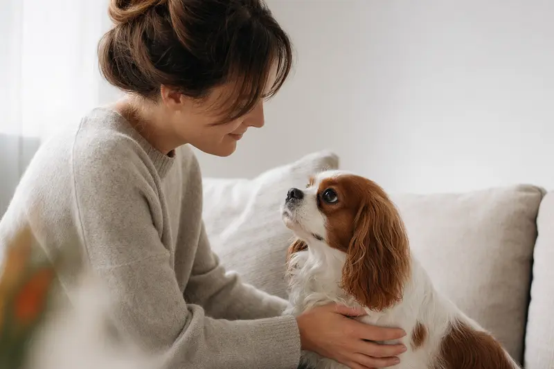 Ein Cavalier King Charles Spaniel steht aufmerksam vor hellem Hintergrund in einem professionellen Hunde-Portrait.