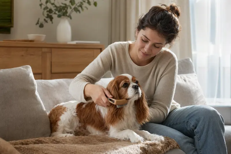 Ein Cavalier King Charles Spaniel wird zuhause von seinem Besitzer liebevoll gebürstet, als Teil der regelmäßigen Fellpflege für einen gesunden Hund.