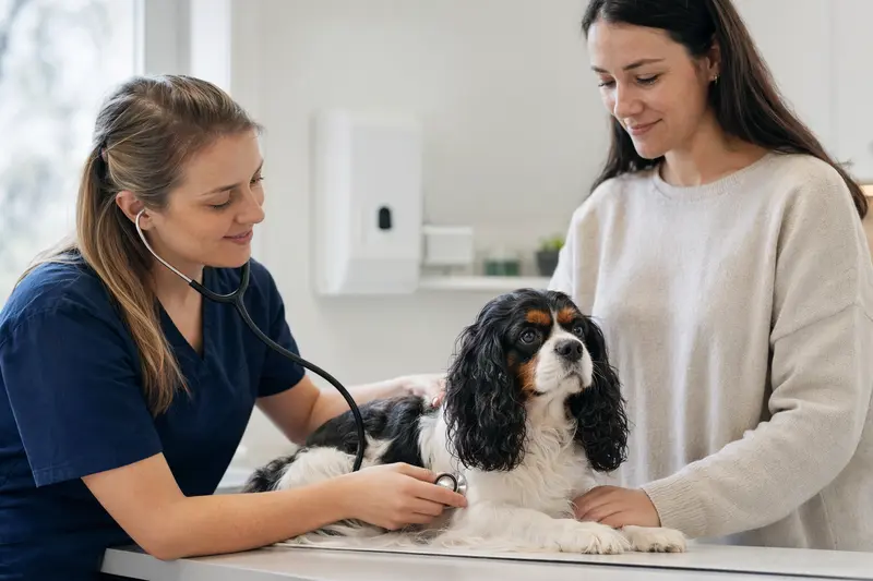 Ein Cavalier King Charles Spaniel wird behutsam von einer freundlichen Tierärztin in einer modernen Tierarztpraxis untersucht.