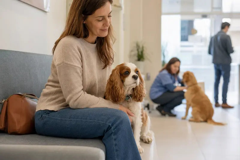 Ein Cavalier King Charles Spaniel sitzt ruhig neben seinem Besitzer im hellen Wartezimmer einer modernen Tierarztpraxis.
