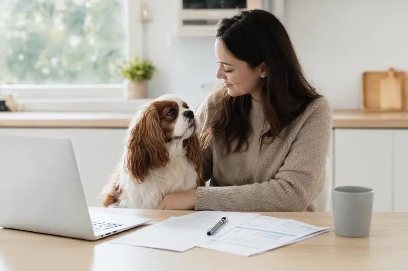 Ein Cavalier King Charles Spaniel sitzt ruhig neben seinem Besitzer am Küchentisch, auf dem Versicherungsunterlagen und ein Laptop liegen.
