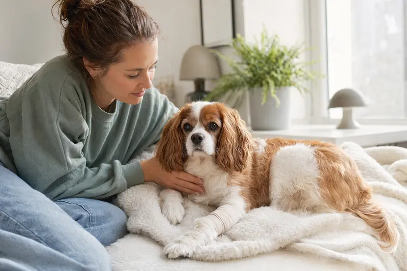 Ein Cavalier King Charles Spaniel Hund mit leichtem Verband an der Pfote liegt entspannt auf einer Decke, während sein Besitzer neben ihm sitzt und erleichtert aussieht.