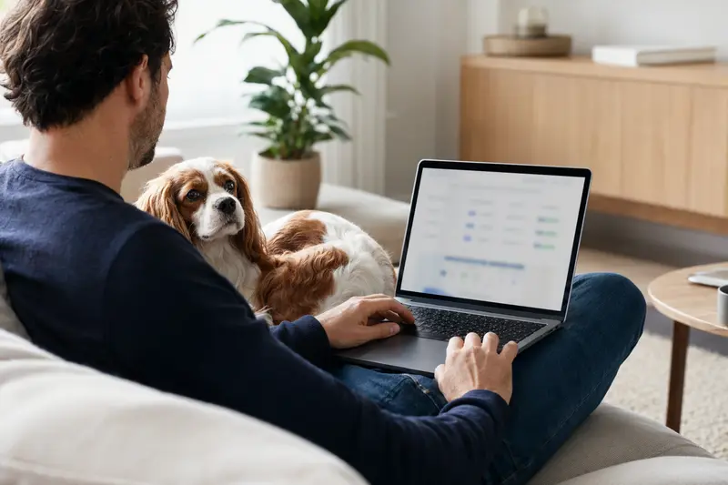 Besitzer mit Laptop auf dem Sofa und Cavalier King Charles Spaniel Hund, der eine neutrale Versicherungsvergleichsseite betrachtet.