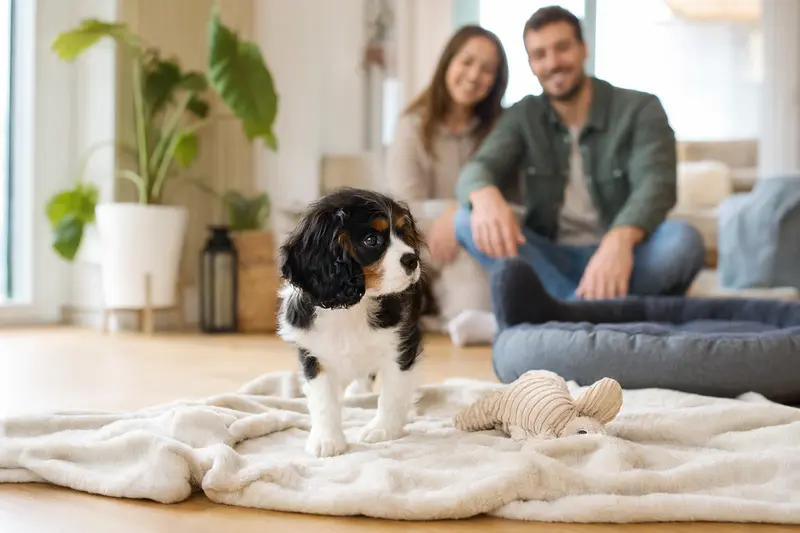 Ein neugieriger Cavalier King Charles Spaniel Welpe erkundet sein neues Zuhause mit einer weichen Decke und Spielzeug, während eine liebevolle Familie im Hintergrund zu sehen ist.