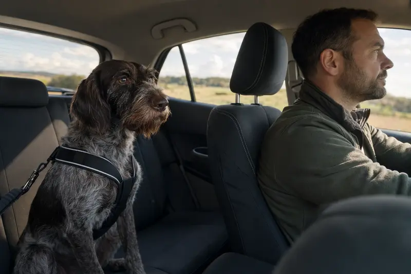 Ein Cesky Fousek Hund ist sicher angeschnallt auf der Rückbank eines Autos, während der Besitzer ruhig fährt.