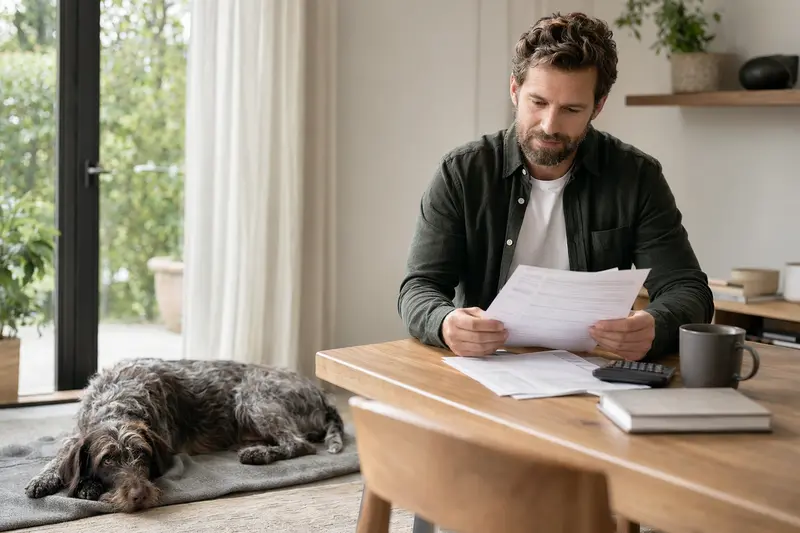 Ein Hundebesitzer sitzt mit einer Tierarztrechnung am Tisch, während ein entspannter Cesky Fousek auf einer Decke liegt und die Situation rund um Tierarztkosten ruhig wirkt.
