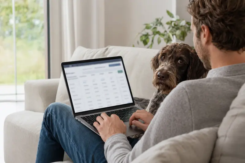 Hund und Besitzer arbeiten gemeinsam am Laptop im Wohnzimmer, während sie Informationen über Tierversicherungen abrufen.