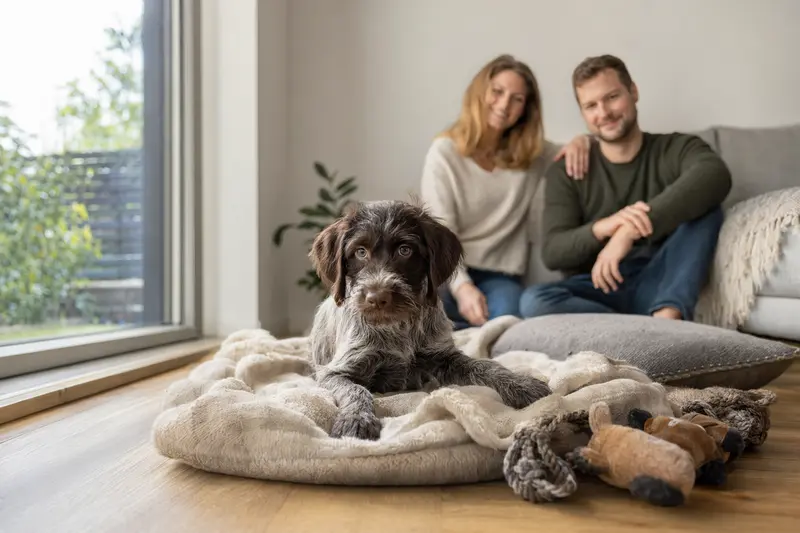 Ein junger Cesky Fousek Welpe erkundet neugierig sein neues Zuhause mit einer weichen Decke und Spielzeug.