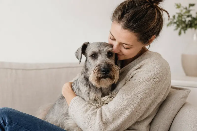Ein aufmerksamer Cesky Terrier steht in natürlicher Haltung vor hellem Hintergrund und zeigt sein typisches Fell und seine elegante Körperform.