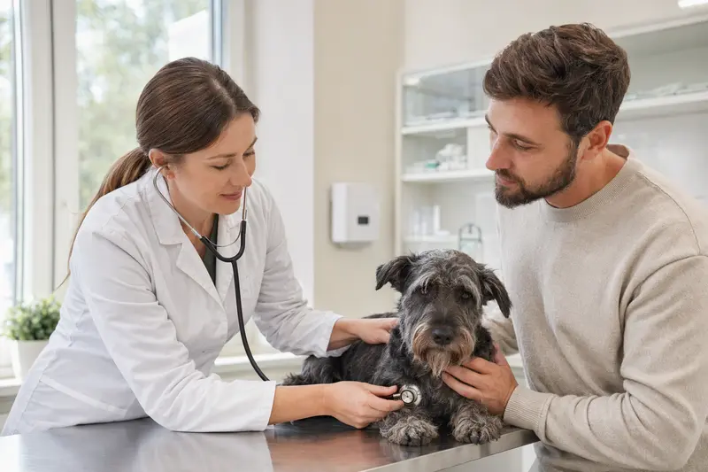 Ein freundlicher Cesky Terrier wird von einer Tierärztin mit einem Stethoskop in einer modernen Praxis untersucht, während der Besitzer beruhigend daneben steht.