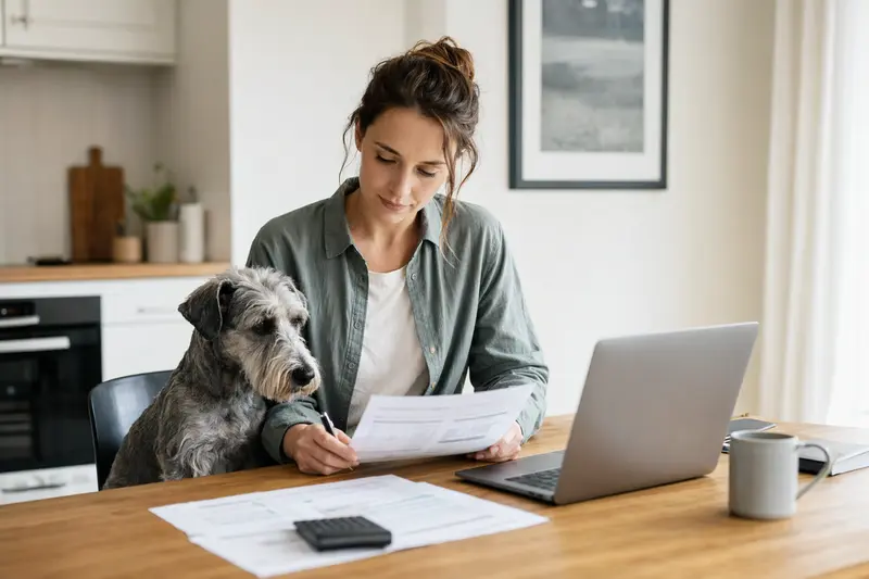 Ein Cesky Terrier sitzt entspannt neben seinem Besitzer, während dieser am Küchentisch Versicherungsunterlagen und einen Laptop mit Vergleichsseite durchgeht.
