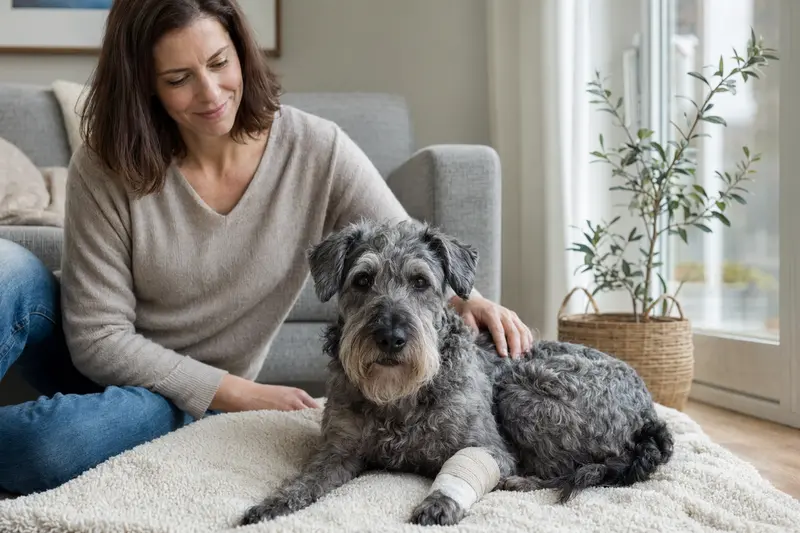 Ein Cesky Terrier mit Verband an der Pfote liegt ruhig auf einer Decke, während sein erleichterter Besitzer neben ihm sitzt.