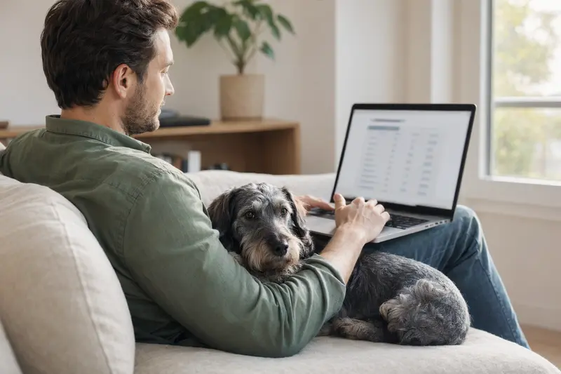 Ein Besitzer arbeitet am Laptop auf dem Sofa, während ein Cesky Terrier entspannt daneben sitzt und die neutrale Versicherungsvergleichs-Oberfläche auf dem Bildschirm zu sehen ist.